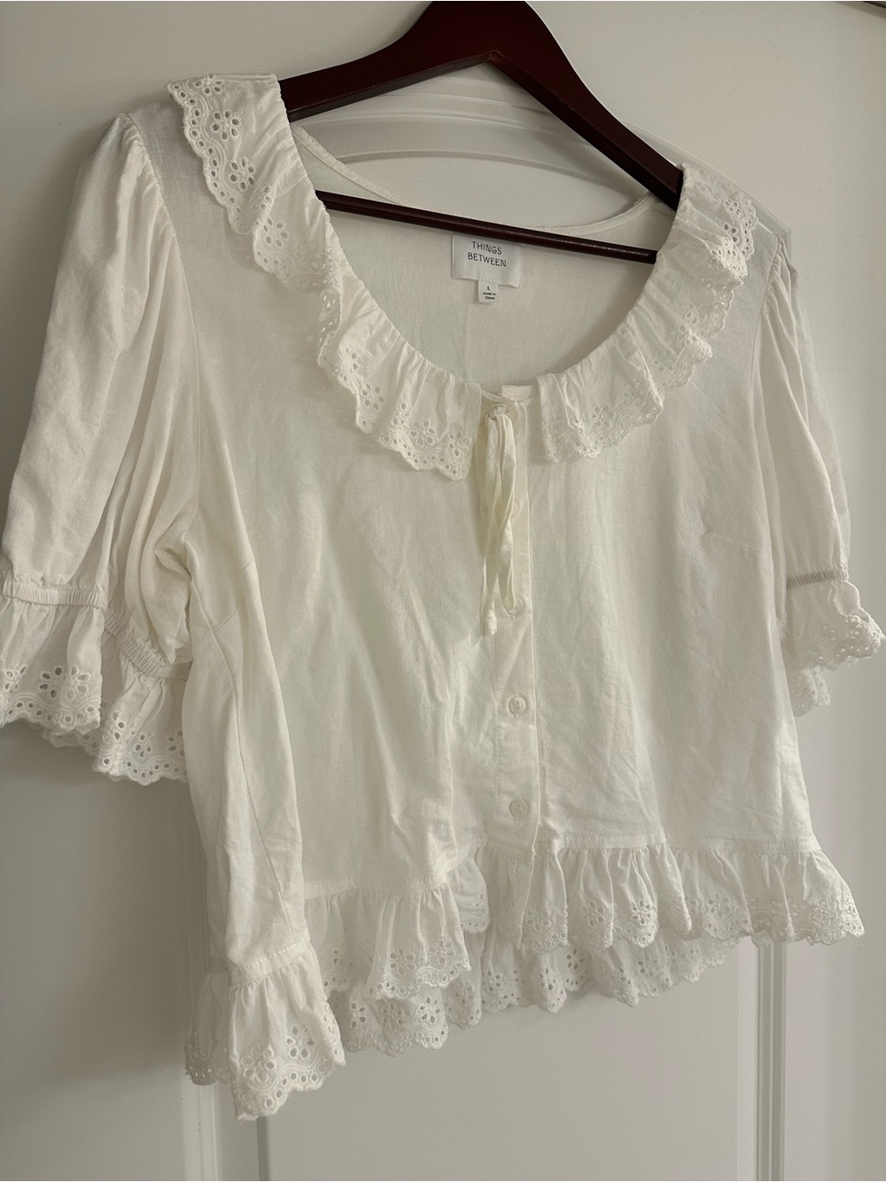 White Eyelet Ruffle Button-Front Blouse, Called to Surf - Picture 2 of 5